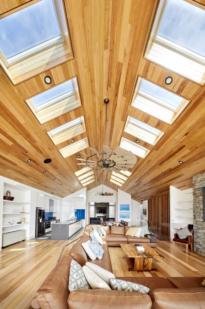 living room skylights with great sky views and timber ceiling in christchurch